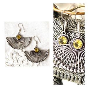 Citrine Fan Earrings Handmade S925 Dangle Style Bohemian Ethnic Exotic Gemstone